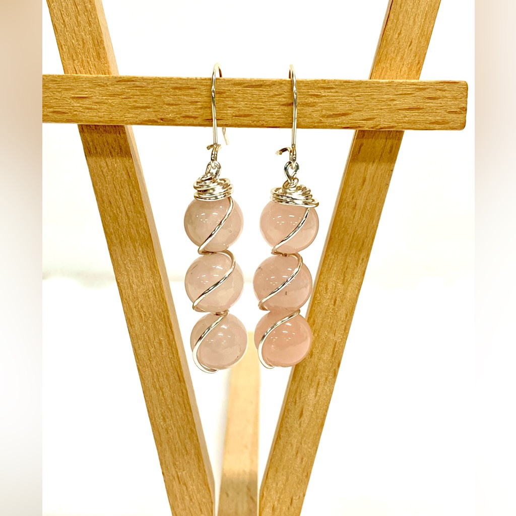 Handmade Genuine Wrapped Rose Quartz And Sterling Silver Dangle Earrings 30$